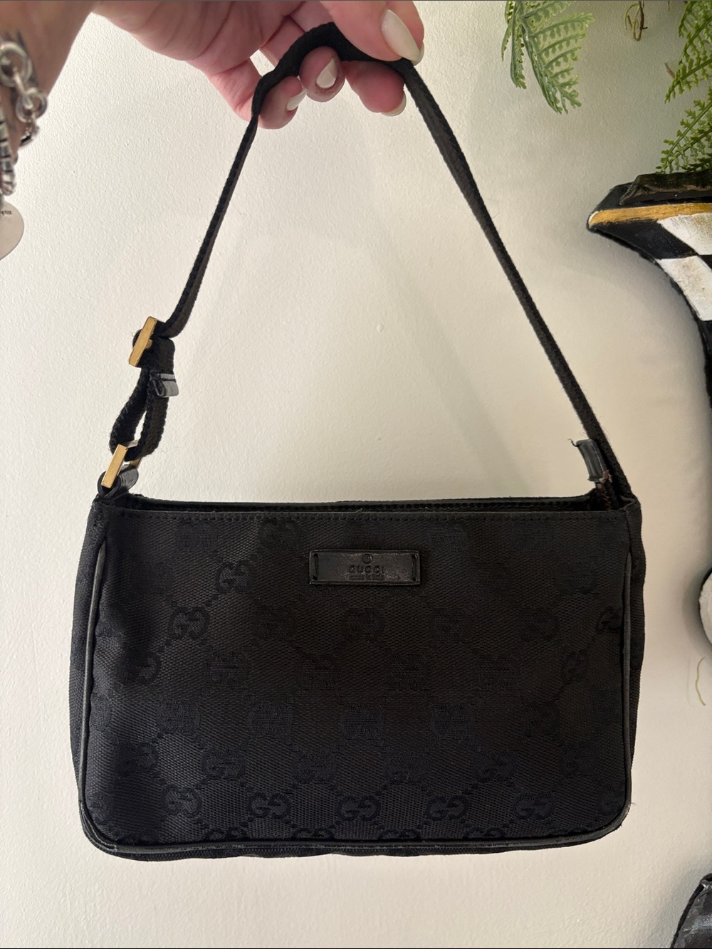 Vintage Gucci Black GG Monogram Canvas Shoulder Bag